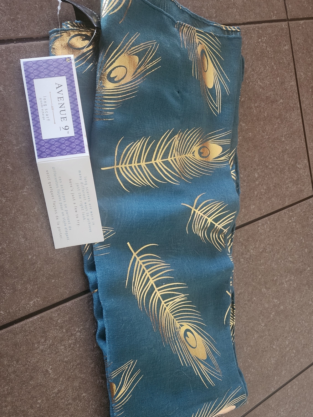 Avenue Teal Scarf with Gold Feather Design